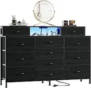 Furnulem 55" W Dresser for Bedroom with LED Lights and Power Outlets,Black Large 12 Storage Drawers Long Fabric Chests Dressers with 2 Shelves for Closet,Living Room,Entryway,Wooden Top,Metal Frame