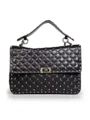 Black Leather Rockstud Top Handle Bag