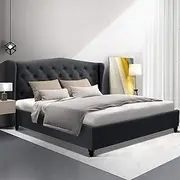 Artiss Queen Bed Frame Platform Wingback Headboard Frames Beds Base Bedroom Room Decor Home Furniture, Upholstered with Charcoal Faux Linen Fabric + Foam + Steel, Modern Design