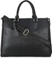 [K London] Stylish Women's Office Bag - Vegan Leather Laptop Tote for Professional & Casual Work Use | Spacious, Durable and Elegant Crossbody bag | Handbag | 14 inch Laptop with double handles, Black