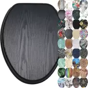 Comfortable Soft Close Oval Toilet Seat with Stunning Motif - Black Wood