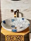Stunning White Agate Stone Coffee Sink Quartz– Elegant Interior Corner Bathroom