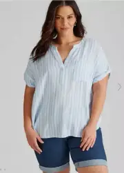 Autograph Top Plus Size 26 Blue White Stripe Shirt Short Sleeve Pocket Viscose