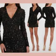 NWT MAC DUGGAL [ 6 ] 10976 Long Sleeve Sheer Embellished Mini Dress Black J1634