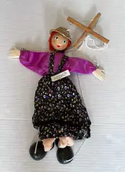 Wooden Marionette Puppet Country Girl Tellon Collection Hat Red Hair Apron Dress