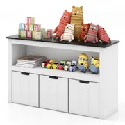 Costway Toy Storage Organizer Wood Bookshelf Playroom Furniture w/3 Storage Bins & Hidden Wheel White