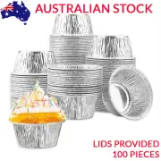 100Aluminum Foil Cupcake Cups Ramekin Muffin Baking Cups, Disposable With Lids