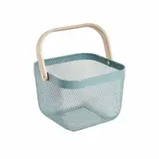 Metal Mesh Steel Basket Garden Harvest Basket Vegetables Square Wire Basket with Handle Storage Organizer Multi-functional Fruit Basket (Blue)