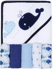 Viviland Baby Towels and Washcloths, Soft Absorbent Baby Boy Bath Towel Set, Whale Hooded Towels with 5 Infant Washcloths，(6 Pieces)