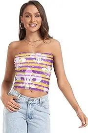 [GuoChe] Womens Strapless Tube Top Mardi Gras Carnival Fleur De Lis Grunge Stripes Non Slip Bando Bra Women Tube Top Bandeau