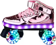 Roller Skates Women Adult Double Row Unisex Roller Blades Four Wheel Skating Outdoor Flash Pu Leather