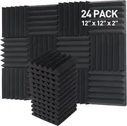 Hertber 24 Pack Sound Proof Panels, Acoustic Foam Panels 12x12x2 inches Black Acoustic Panels, High Density Soundproofing Panels, Fire-retardant Sound Absorbing Foam for Studio Recording