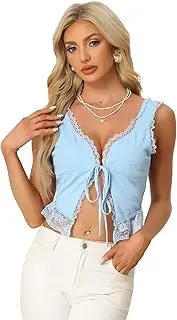 [Allegra K] Tie Front Sleeveless Shrug Top for Women's V Neck Lace Trim Cami Crop Tops