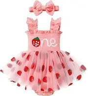 [CBHAIBLYD] Baby Girl Sleeveless 1st Birthday Romper Dress Cake Smash Tulle Bodysuit One Year Old Strawberry Outfit with Headband