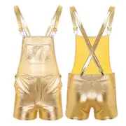Mens Fashion Shiny Metallic Bib Overall Suspender Short Prom Club Rave Festival Clothing Jazz Hip Hop Pole Dance Shorts gold L