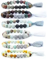 [Mana Vibes] Essential Oil Semi Precious Gemstone Tassel Beaded Bracelet Lava Beads, Essential Oil Jewelry 8mm Bead Size, Grey Tassel Yoga Jewelry (Amazonite- White Lava Beads- White Tassel)