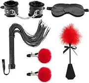 Sex Toy 5PCS Fur Ball Nipple Clip Silky Eye Mask Leather Tassel Whip Plush Handcuffs Feather Slapping Paddle Set Adult Toy for Couples