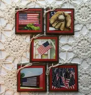 **NEW** 5 Handcrafted Wooden Americana Hang Tags/Ornaments FLAGS,BASEBALL SETh