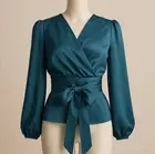 Germany's LICHI deep teal shiny satin cropped wraparound top women's size medium