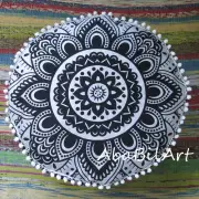 22" New Indian Pouf Ottoman Black Silver Printed Mandala Foot Stool Pouf Covers