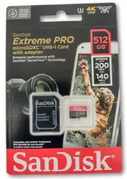 SD CARD Extreme PRO 512GB microSDXC UHS-1 4K UHD+ adapter. 200MB/s R 140MB/s W.