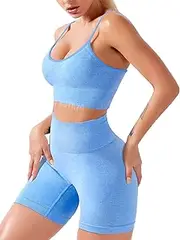 [TSUTAYA] Yoga Outfits for Women 2 Piece Set Seamless High Waist Leggings Workout Crop Top Shirts Gym Activewear