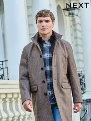 Cream Wool Blend Mock Gilet Herringbone Padded Coat (D63507) | $108