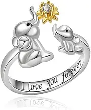 [VYYU] Silver Ring for Mother Daughter - I Love You Forever Rings with Big & Small Elephants, Adjustable Open Rings for Mum Daughter Jewellery Gifts, White Gold