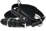 DowgClub | Tactical Dog Collar with Handle, Genuine Saddle Grade Leather | Heavy Duty | Comfortable, Padded, Strong | Best for Medium, Large & X-Large Breeds (L (Fit Neck Size 18.5"-22.5"), Black)
