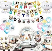 Cat Birthday Party Supplies for 16 Guests, Cat Birthday Decorations Tableware Set, Kitten Party Plates Napkins Tablecloth Banner Balloons etc