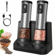 Electric Salt and Pepper Grinder Set with Charging Base, LED Display,Variable Grinding Speed Rechargeable Stainless Steel Automatic Pepper Mill