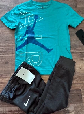 NWT Nike/Air Jordan Boys 7 Dark Gray/Teal/Blue/White Jogger Pants Set Size 7