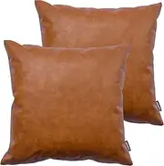 HOMFINER Faux Leather Throw Pillow Covers, 18 x 18 inch Set of 2 Thick Cognac Brown Modern Solid Decorative Square Bedroom Living Room Cushion Cases for Couch Bed Sofa