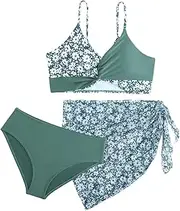 [COOLOYA] Girl's 3 Piece Bikini Set Floral Print Front Knot Swimwear Bathing Suit with Wrap Cover Up Skirts