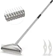 Thatch Rake, Stainless Steel Heavy Duty Thatching Rake for Lawns, Dethatching Rake with Handle, Double-Sided Stainless Steel Ssheet to Replace, Dethatcher Rake for Cleaning Grass, Loosening Soil