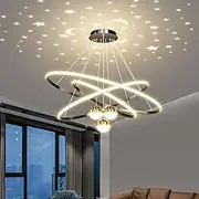 Modern LED Chandelier Pendant Lighting for Dining Room,3 Ring Starry Sky Ceiling Light with 3 Light Colors,Luxury Chandelier for High Ceiling Stair Loft Living Bedroom(30+40+60cm, Black)