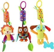HAMPPLIES 3pcs Rotating Bells Cartoon Animal Bed Bedside Wind Chime Lion Dog Owl for Tactile Development and Sensory Exploration for Stroller and Carrier