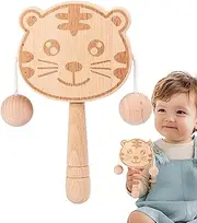 Wooden Baby Rattle | Tiger Design Wood Baby Toys - Interactive Easy-Grip Double-Sided Shaking Drum for Motor Skill Visual Tracking Toddler Shower Crib Stroller Sensory Play