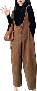 [FaroLy] Casual Corduroy Overalls Vintage Adjustable Button Straps Jumpsuits Long Pants Rompers with Pockets Outfits