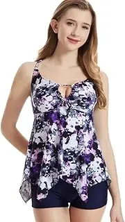 [Etomax] Women Plus Size Tankini Top Tummy Control Bathing Suits Top Ruched Tank Top Flowy Swimsuit Top No Bottom, Purple White Floral, 28