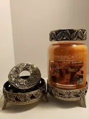 Pair of Pewter Rose and Leaf Candle Holder Base and Top AND Yankee Candle NEW