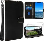 HINTOWAVE Wallet Case for iPhone 11 Pro with [2 Screen Protector] Card Holder Slot Kickstand Wrist Strap, Vegan Leather Folio with [Shockproof Inner Case], Slim Flip Cover for Men Women (Black)