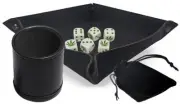 Set (6) 16mm Marijuana Leaf Design Dice w/Pouch + Dice Rolling Tray + Dice Cup