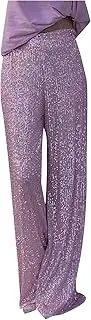 [LAWOR] Womens Glitter Sequins Pants Sparkly Loose Party Pants Wide Leg Clubwear High Waisted Trousers Streetwear for Ladies