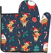Santa Claus Christmas Oven Mitts and Pot Holders Set Heat Resistant Oven Glove and Potholder Kitchen Microwave Gloves for Baking BBQ Grilling Cooking Oven Mitts