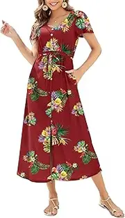 [Gracyoga] Women's Summer Casual Short Sleeve Dresses Partial Side Zip Closure High Waist Swing Flowy Dress with Pockets