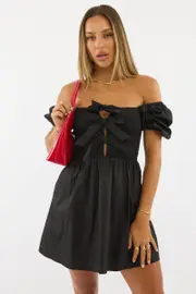 Black Mini Dress Ribbon Detail - Size 12M, Women's Skater Dress
