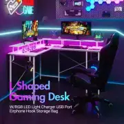 Advwin L Shaped Gaming Desk with LED Lights & Power Outlets Computer Desk