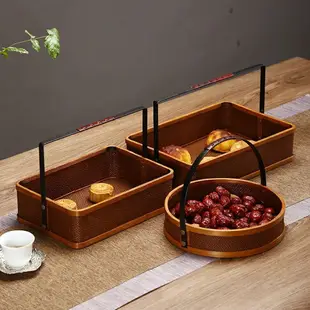 大漆藤編竹編提籃茶具收納盒仿古食盒中秋月餅禮盒籃子圓形茶包裝