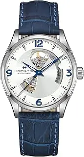 [Hamilton] Jazzmaster Open Heart 42mm Case, Silver Dial, Blue Leather Strap (Model: H32705651), Silver, Classic
